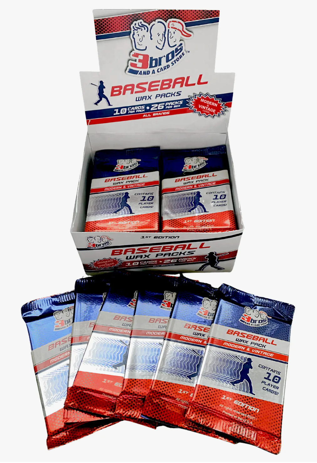 A sealed MLB wax pack with multiple packs displayed, predominantly featuring red and blue colors with baseball imagery.