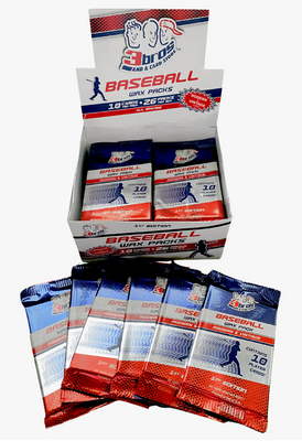 A sealed MLB wax pack with multiple packs displayed, predominantly featuring red and blue colors with baseball imagery.