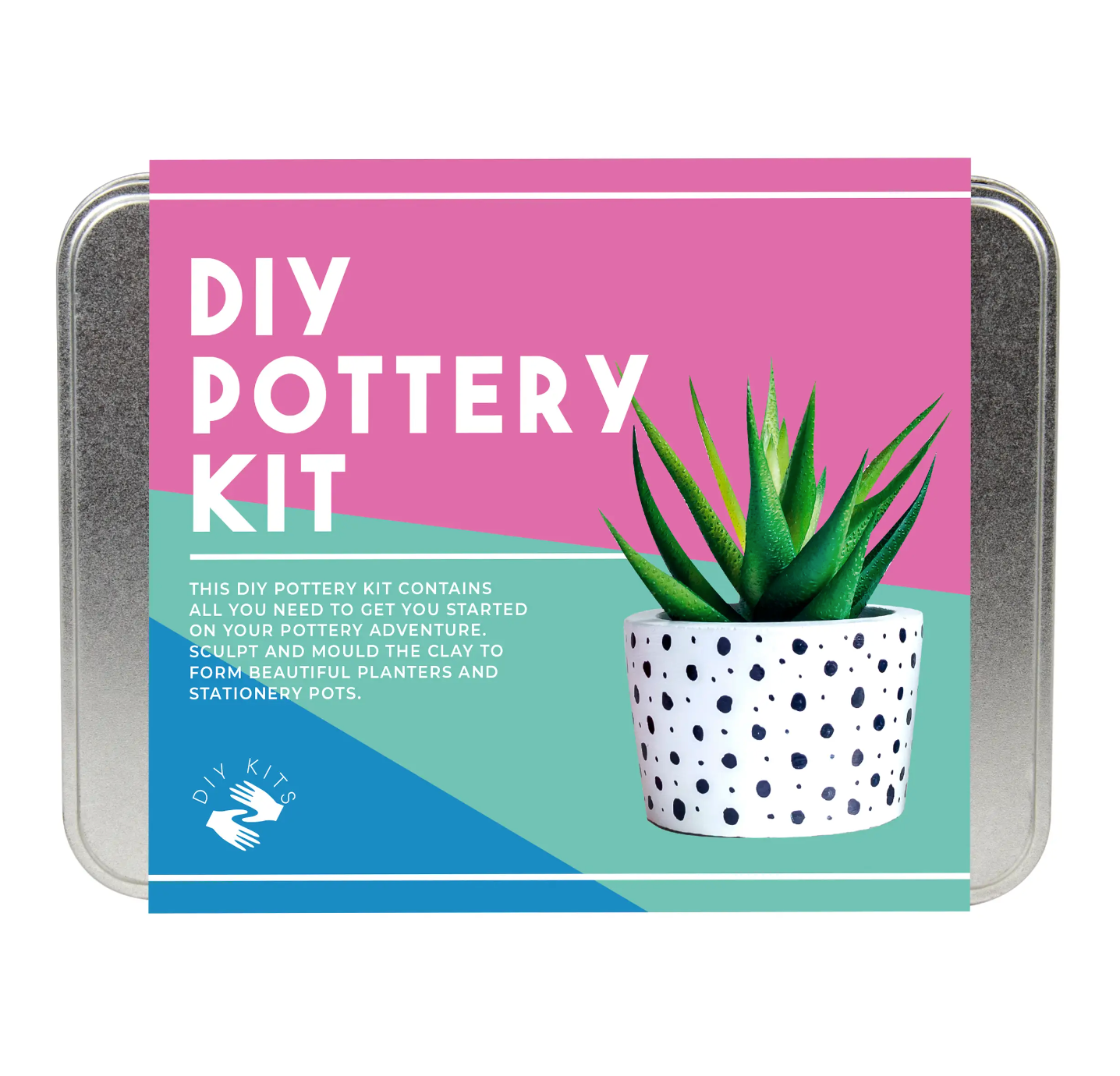 A pottery kit packaging showing a potted plant inside a white and black dotted ceramic pot, with text that reads 'DIY POTTERY KIT'.