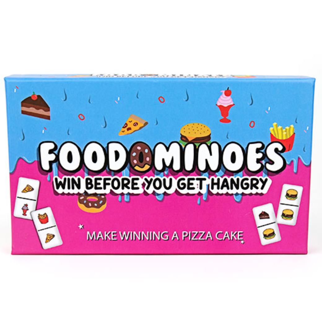 A boxed Foodominoes game featuring colorful illustrations of food items like pizza, fries, and ice cream, with the text 'WIN BEFORE YOU GET HUNGRY' prominently displayed.