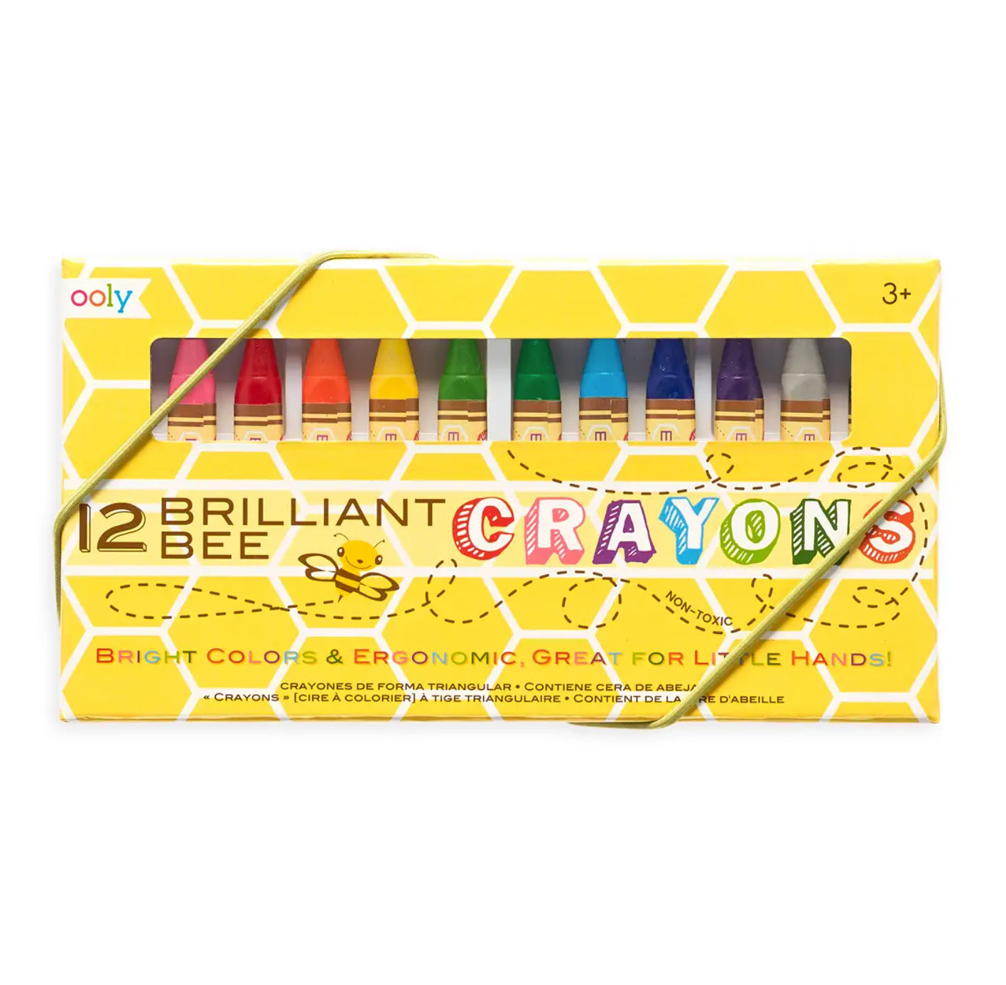 A pack of 12 Brilliant Bee Crayons by Ooly, with crayons visible through the yellow packaging that has bee and honeycomb graphics.
