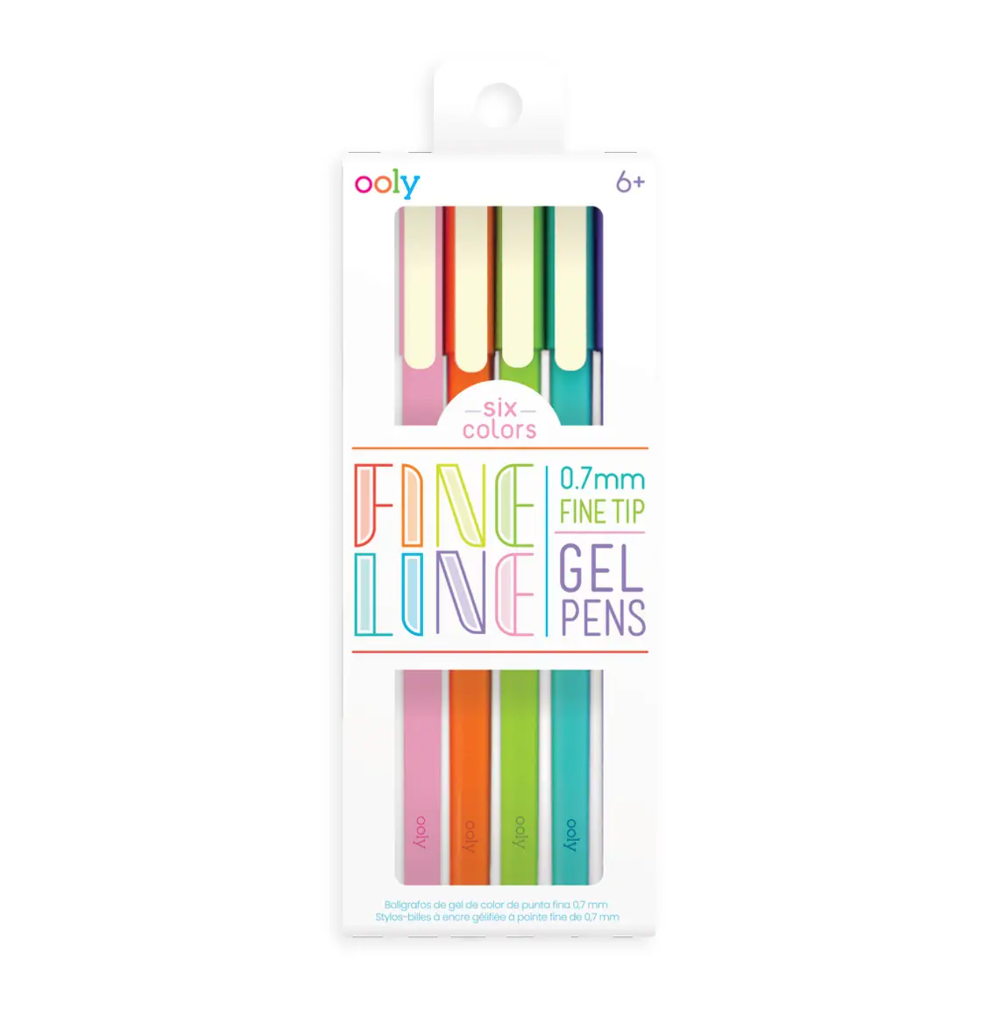 A set of 6 colored Fine Line Gel Pens with fine tips, packaged in a clear plastic case.