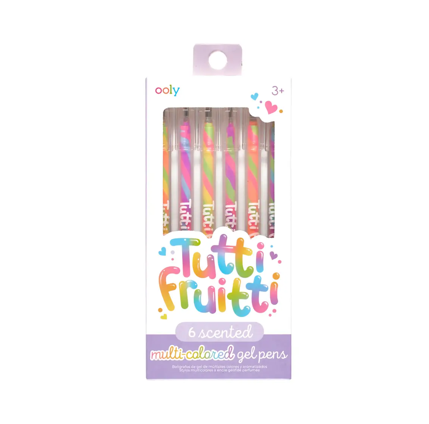 Packaging of Tutti Fruitti scented gel pens by Ooly, featuring multicolored pens visible through a clear plastic window, with 'Tutti Frutti' and 'scented multi-colored gel pens' text.