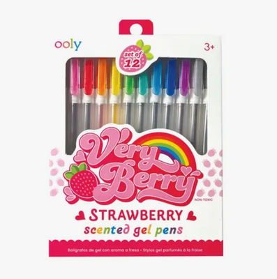 A set of 12 colorful gel pens labeled 'Very Berry Strawberry scented gel pens' by Ooly, packaged in a clear box with a strawberry illustration.