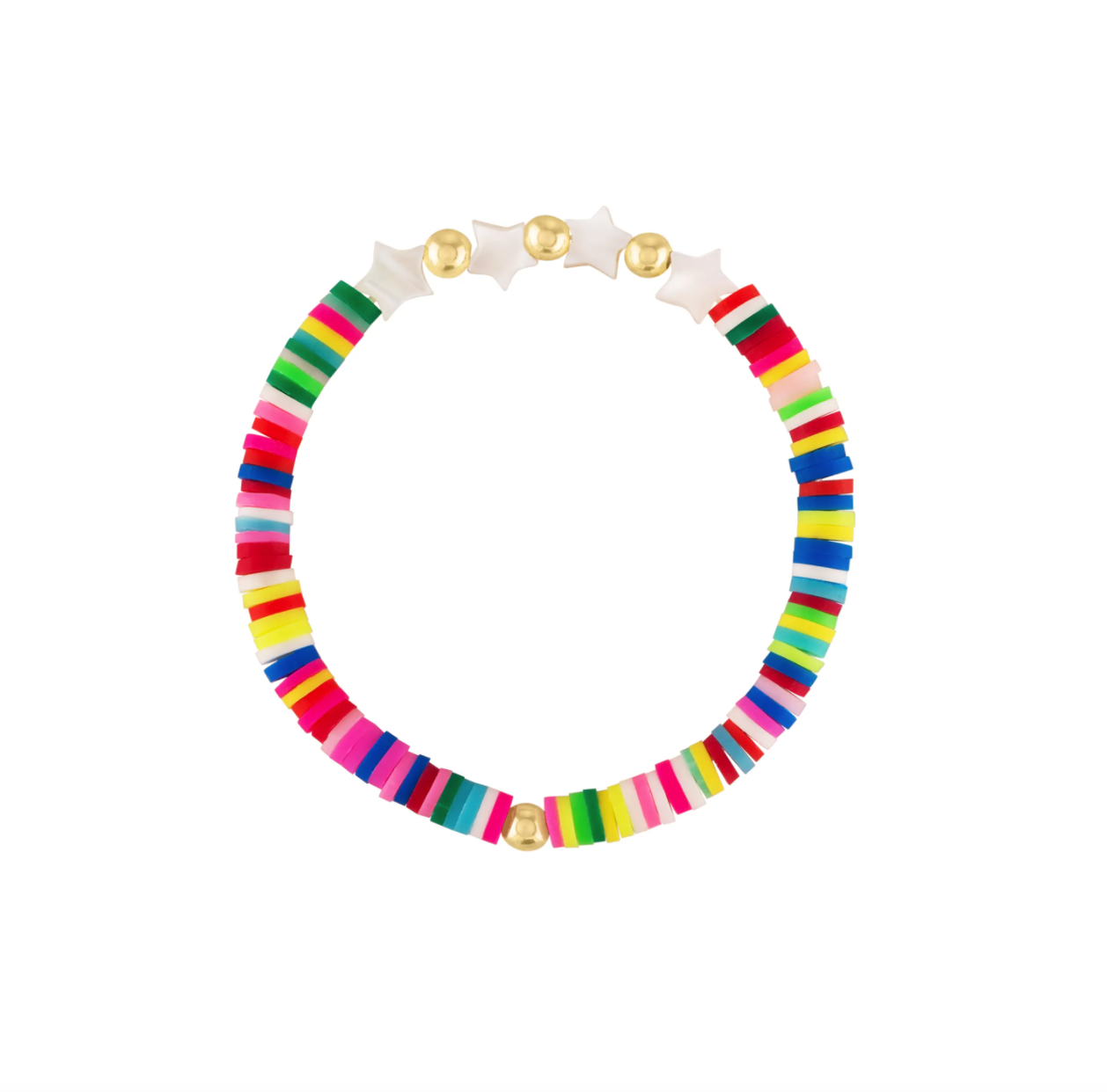 A colorful bracelet with striped beads and gold-tone accents, featuring mother of pearl star beads.