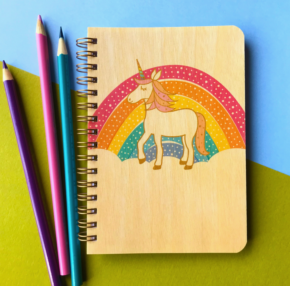 Prancing Unicorn Wood Notebook