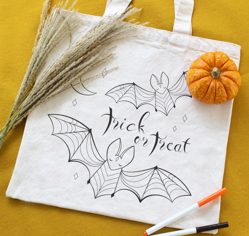 Halloween Bats Organic Tote Bag - Coloring Kit with Markers