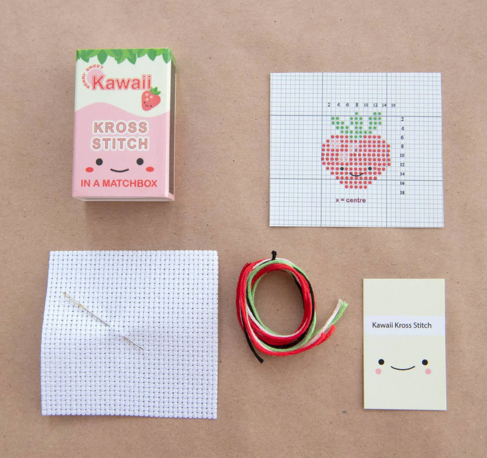 Kawaii Strawberry Mini Cross Stitch Kit In A Matchbox