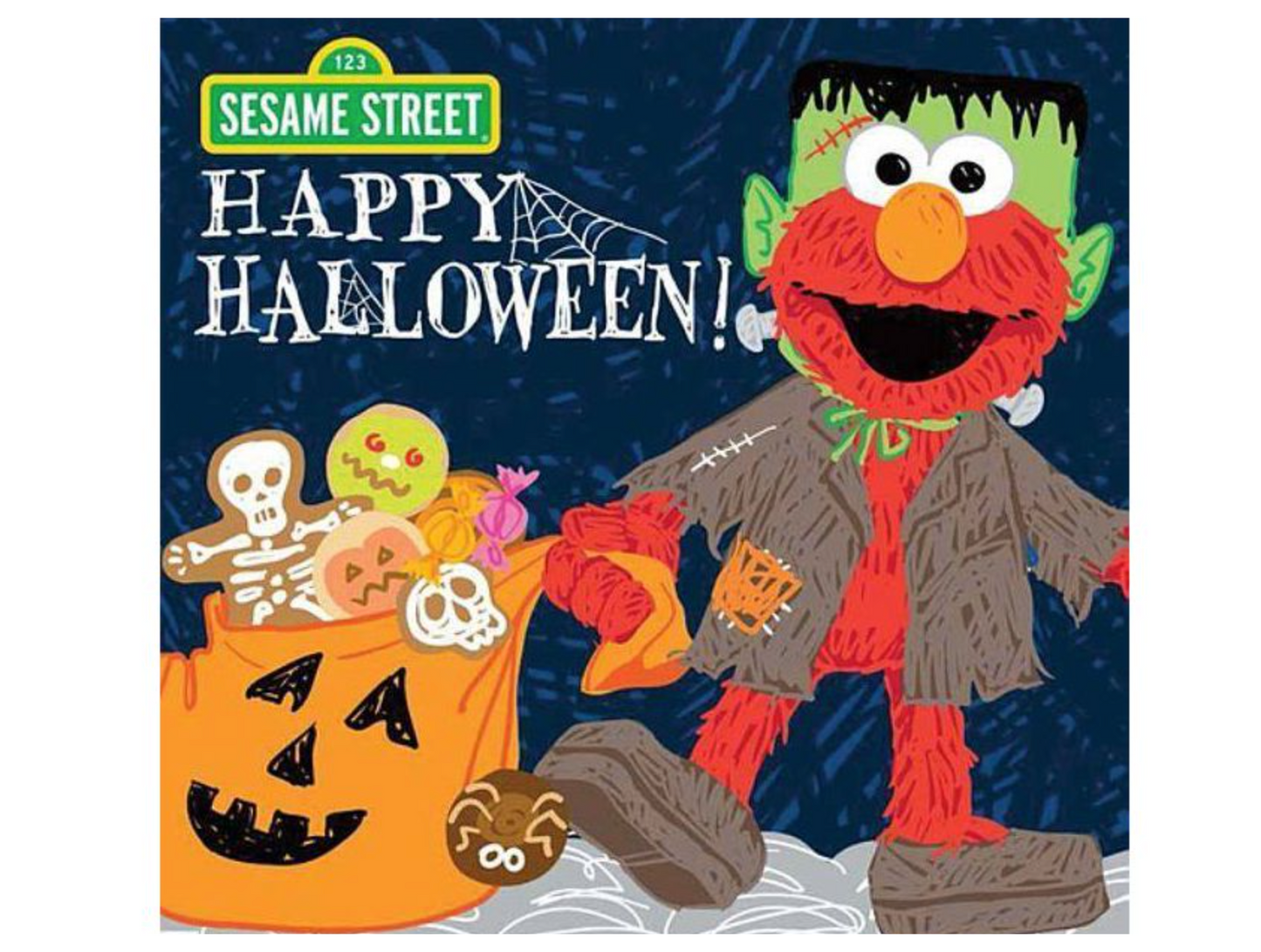A book cover featuring Sesame Street characters Elmo and Cookie Monster with a Halloween theme, including pumpkins, ghosts, and the text 'Happy Halloween!'.