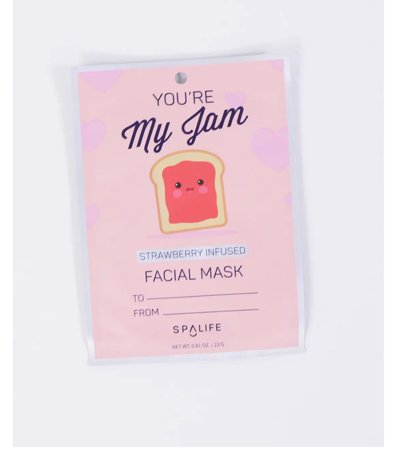 Packaging of 'You're My Jam' Strawberry Infused Facial Mask with a cute toast and strawberry illustration, and 'To from' text indicating it's a gift.