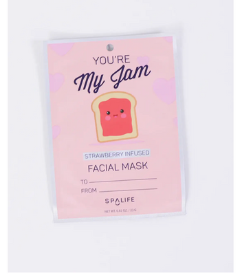 Packaging of 'You're My Jam' Strawberry Infused Facial Mask with a cute toast and strawberry illustration, and 'To from' text indicating it's a gift.