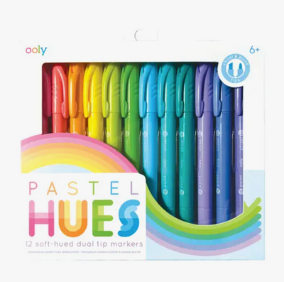 A set of 12 Ooly Pastel Hues markers in various soft pastel colors, with dual tips - one fine point and one bold chisel point - displayed in their packaging.